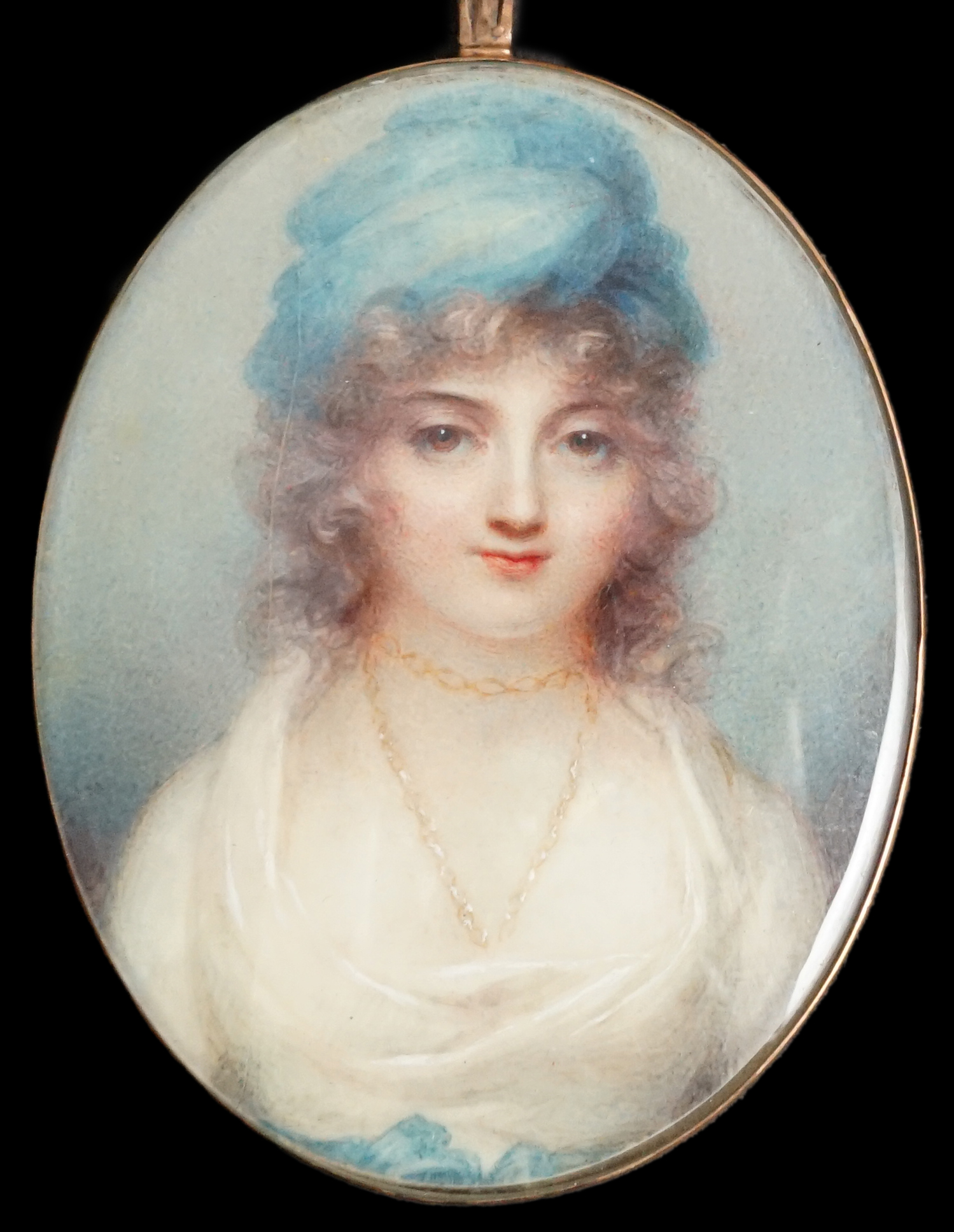 Mrs Anne Mee, née Foldsone (British, 1775-1851), Portrait miniature of a lady wearing a blue hat, white dress and gold chain, watercolour on ivory, 7.5 x 5.8cm. CITES Submission reference 82LL68YT